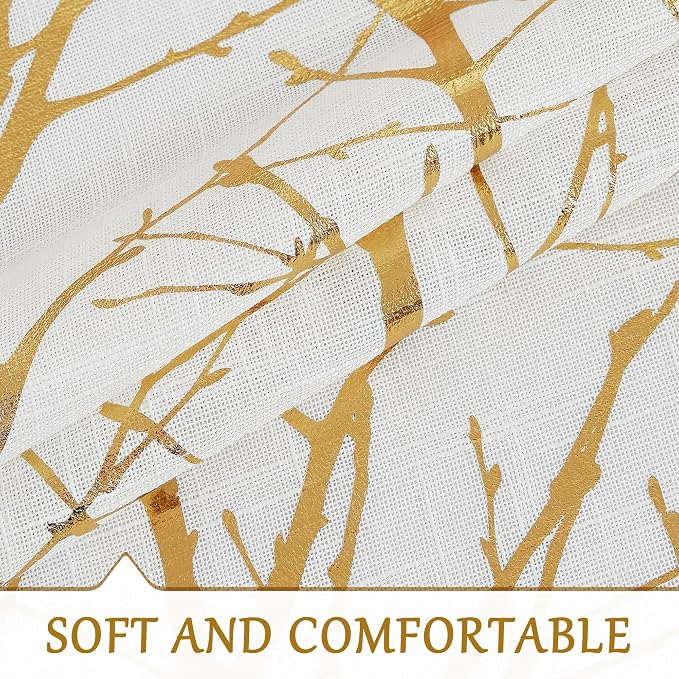 FMFUNCTEX Linen Gold White Semi Sheer Print Curtains 54 Inch Long 2 Panels | Metallic Branch Sheer Patterned Drapes, Light Filtering Grommet Panels for Modern Farmhouse Bedroom and Living Room Style
