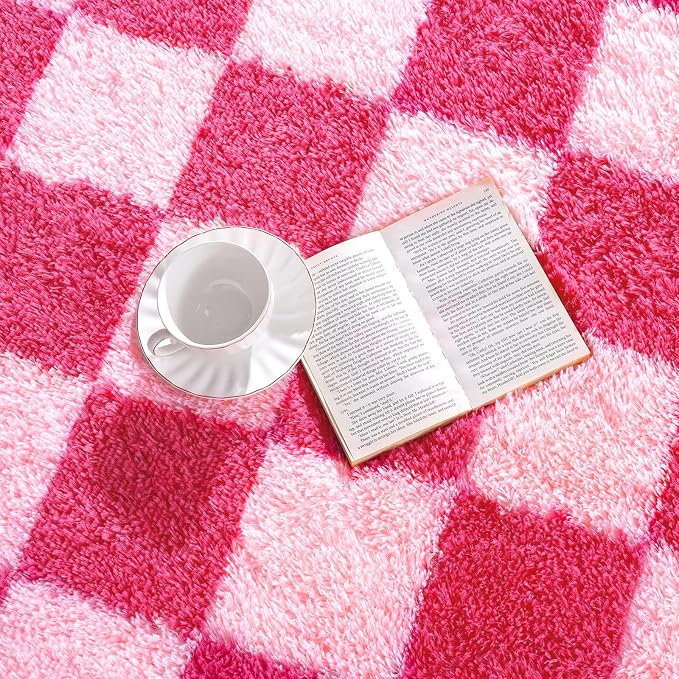 Pionblank Checkered Rug for Bedroom 2x6, Modern Fluffy Runner Rugs for Living Room, Super Soft Shaggy Bedside Carpet for Kids Room Nursery Teens Dorm Decor, Hot Pink
