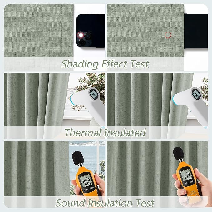 Guken Desert Sage 100% Blackout Linen Curtains 72 Inch Length 2 Panels Set for Living Room Bedroom Back Tab Thermal Insulated Black Out Drapes Room Darkening Window Curtains 72 Inches Long