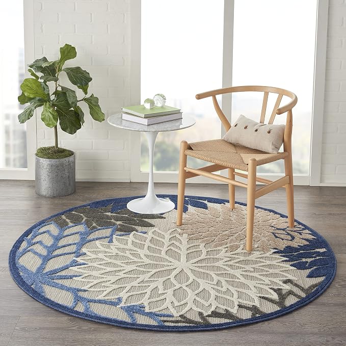 Nourison Home Aloha Indoor/Outdoor Blue/Multicolor 5'3" x Round Area Rug, Tropical, Botanical, Easy Cleaning, Non Shedding, Bed Room, Living Room, Dining Room, Deck, Backyard, Patio (5 Round)