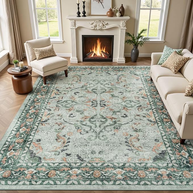 Lofus 8x10 Area Rug for Living Room,Sage Green Washable Area Rugs with Non-Slip Backing,Soft Boho Carpets for Bedroom Dining Room Home Office Indoor Nursery