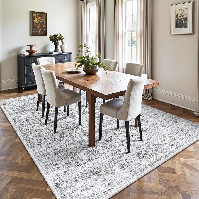 5x7 Area Rugs, Washable Vintage Retro Floral Rug for Living Room, Low Pile Non Slip Distressed Large Carpet for Bedroom, Dining Room, Office, Home (Vintage Black)