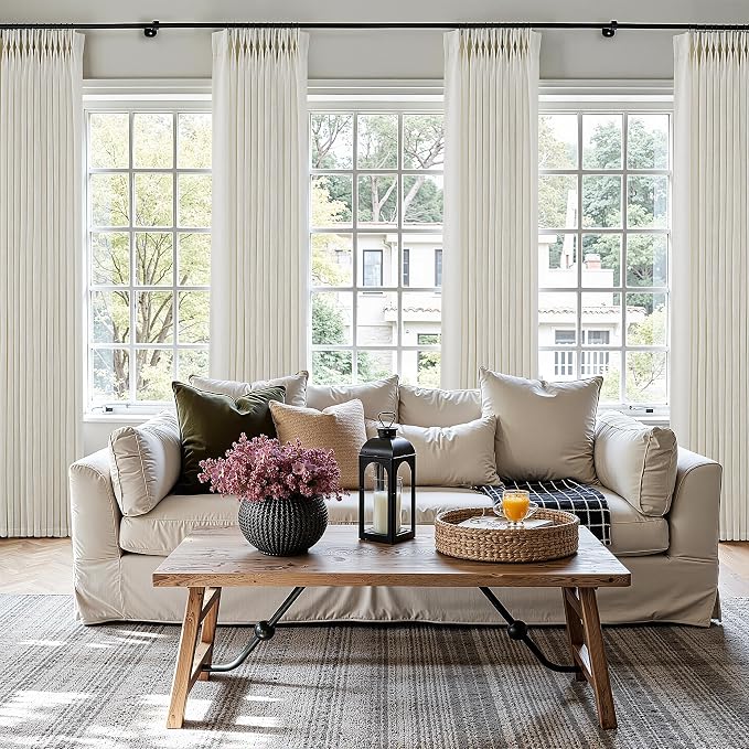 Pinch Pleated Thick Linen Curtains 96 Inch Length 2 Panels Set for Living Room Warm Beige Neutral Pleated Curtains Semi Sheer Light Filtering Privacy Bedroom Window Drapes