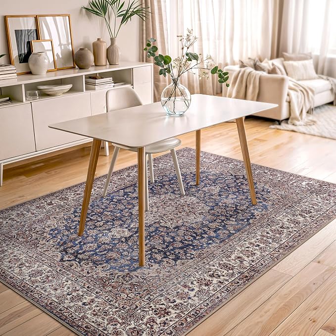 Bloom Rugs Washable Non-Slip 5' x 7' Rug - Dark Blue/Beige Traditional Medallion Area Rug for Living Room, Bedroom, Dining Room, and Kitchen - Exact Size: 5' x 7'