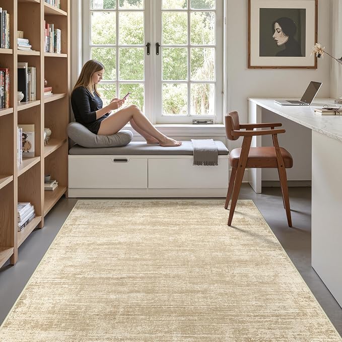 zesthome 4x6 Washable Area Rugs for Living Room, Neutral Abstract Rug Brown | Machine Washable,Non-Slip Backing,Stain Resistant Rugs for Bedroom, Dining Room, Home Office, Ultra-Thin Low Pile Rug
