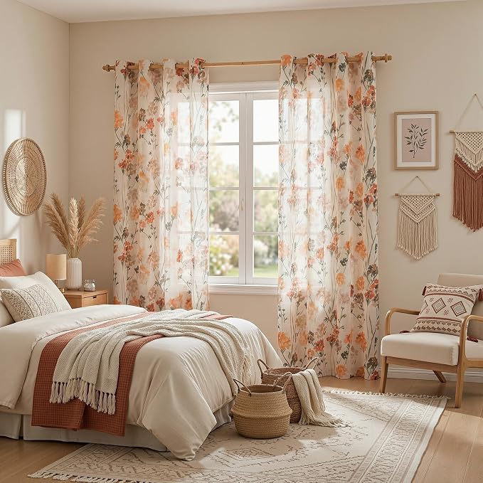 MYSKY HOME Orange Linen Floral Curtains Semi Sheer Grommet Drapes Light Filtering & Privacy Protect, Farmhouse Window Treatments for Bedroom Living/Dining Room,52"x95",2 Pcs