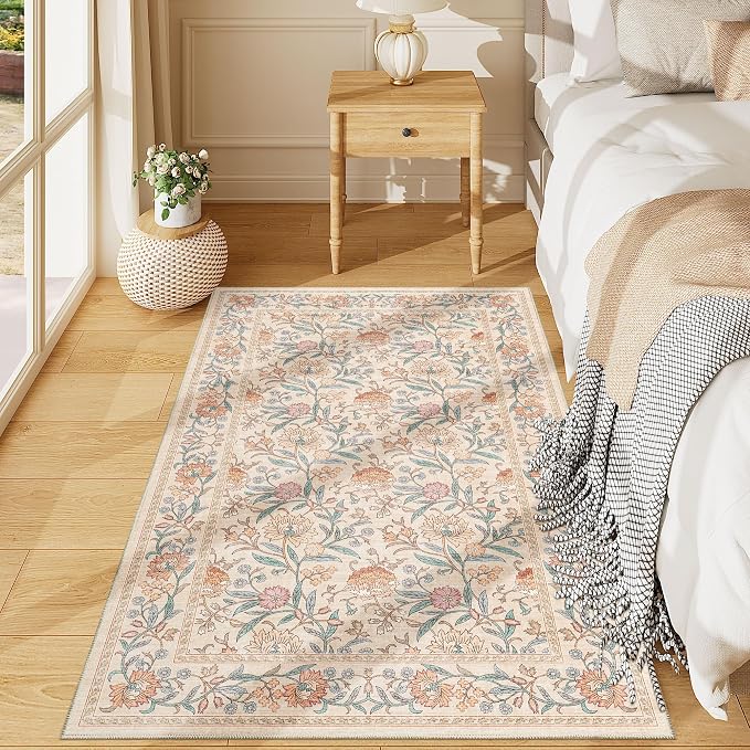 DUKINO 3x5 Rug, Washable Vintage Floral Bedroom Area Rug Non Slip, Beige | Low Pile, Non-Shedding, Stain Resistant Boho Lightweight Soft Indoor Carpet for Bathroom Office Dining Living Room Farmhouse