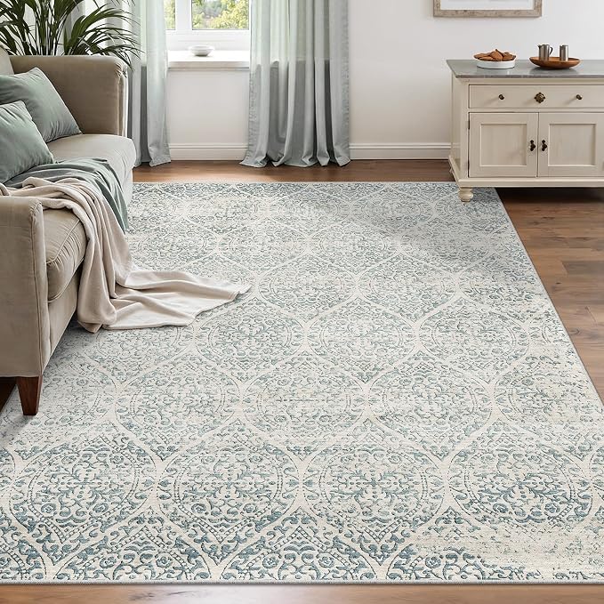 Soalmost 5x7 Area Rugs for Living Room, Moroccan Trellis Washable Soft Rug | Non-Slip Low Pile Rug Soft Throw Carpet for Dining Room Bedroom Home Office Nursery (Teal Blue, 5'x7')