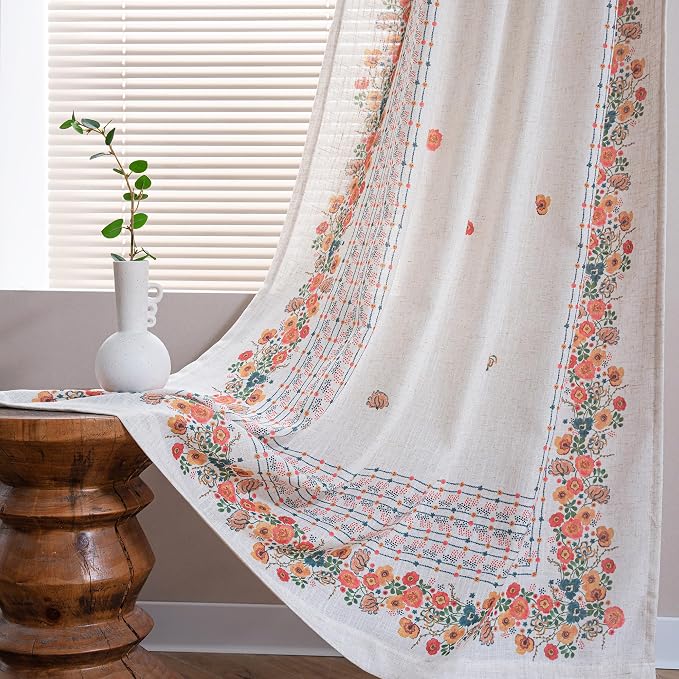MYSKY HOME Boho Curtains for Bedroom 63 Inch Long Linen Look Semi Sheer Back Tab Drapes Flower Bohemian Style Texture Window Treatment for Living Room Decoration, 2 Pcs, Yellow, 50" Wide