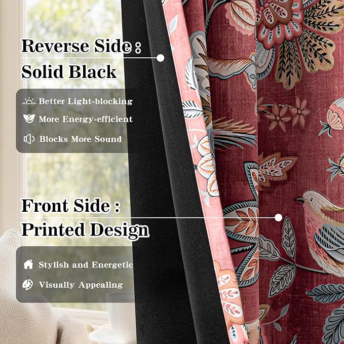MYSKY HOME Terracotta Boho Floral Blackout Curtains 84 inch Long for Living Room Darkening Thermal Insulated Vintage Farmhouse Bedroom Curtain with Flower Bird Patterned Grommet Drape, 2 Pcs, 52"x 84"