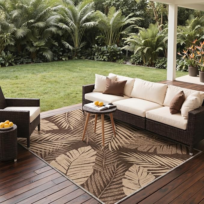 GENIMO Outdoor & Indoor Area Rug 2'x10', Waterproof, Non-Shedding, Easy Cleaning, Leaf Mat for Patio, Living Room, Balcony, Dining Room, RV, Deck, Bedroom, Camping, Outside Carpet, Coffee Beige