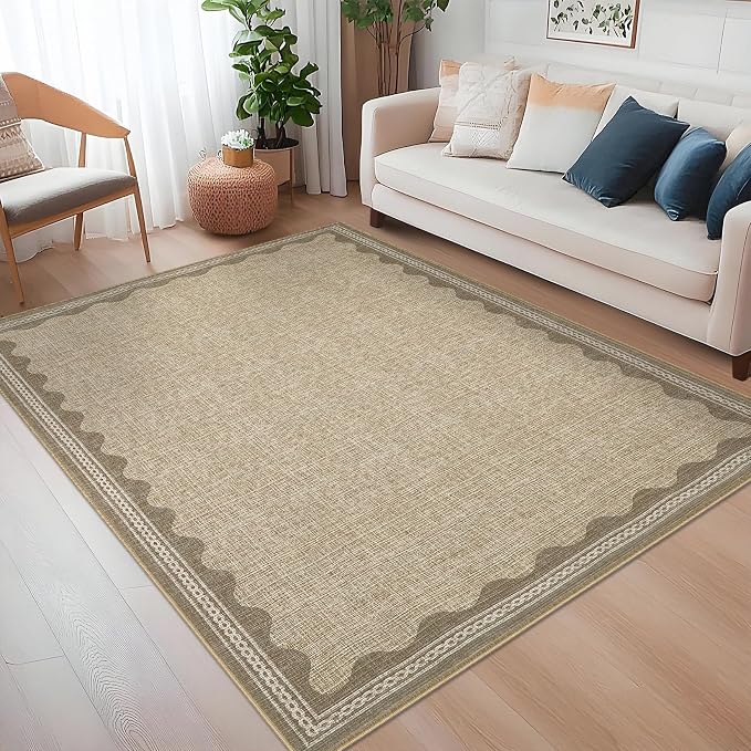4x6 Scalloped Area Rugs Jute Washable Entryway Bedroom Rug | Solid Tan Rug for Bedroom Girls, Non Slip Throw Carpet With Rubber Back, Soft Dorm Nursery Scalloped Rugs for Dining Room