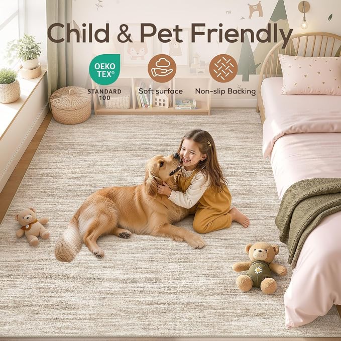 Nakagishi 10X12 Area Rugs Living Room: Washable Large Vintage Rug Neutral Non-Slip Soft Stain Resistant Indoor Carpet for Bedroom Nursery Dining Room Office Playroom - Dark Brown
