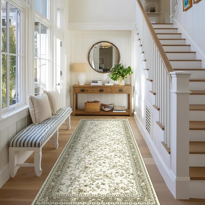 Greyish Beige Runner Rugs 2x6 for Hallway Kitchen Bedroom Beside Laundry Room Bathroom Rug Boho Modern Washable Non Slip Low Pile Stain ResisTaupet Soft Long Carpet Mat Khaki Taupe Floral Pattern