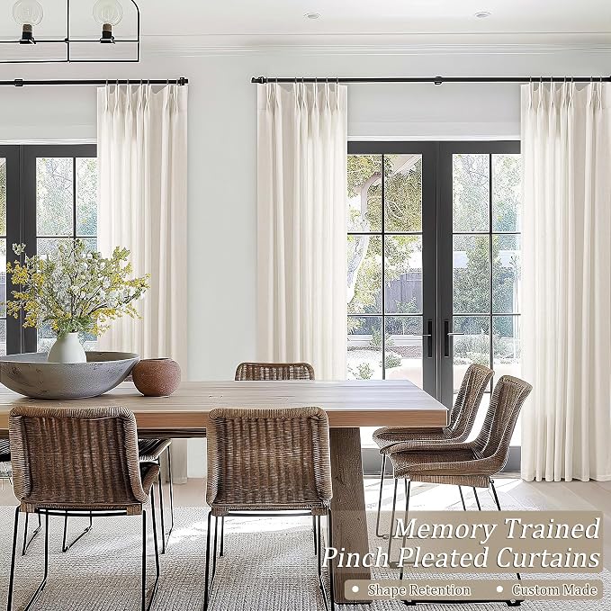 Natural Pinch Pleated Linen Curtains 96 Inches Long Semi Sheer Cream | Light Filtering, Custom Made, Pinch Pleat Drape, Hooks Rings, Back Tab, Neutral Boho, 96 Inch Curtain for Living Room Bedroom