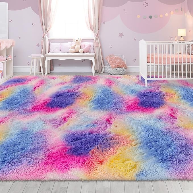 Large Hot Pink Rainbow Area Rug for Kids Room 8x10 Ft, Soft Plush Fluffy Princess Unicorn Rugs for Girls Bedroom, Cute Shaggy Colorful Carpet for Kids Teens Nursery Toddler Decor Aesthetic