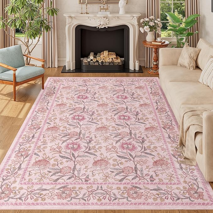 DUKINO 5x7 Area Rugs, Vintage Floral Washable Rug for Living Room, Pink | Non Slip, Low Pile, Non-Shedding, Stain Resistant Lightweight Boho Soft Carpet for Bedroom Home Office Dining Room Farmhouse