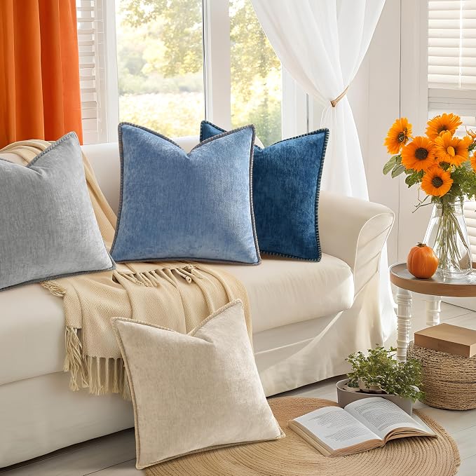 decorUhome Fall Soft Decorative Chenille Throw Pillow Covers 18x18 Set of 4 | Beige Blue Cozy Decorative Modern Farmhouse Neutral Pillow Cases with Stitched Edge for Couch Sofa Bed Living Room Home Decor