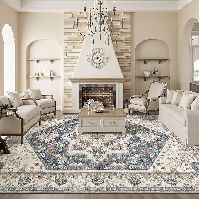 9x12 Area Rugs for Living Room - Large Carpet Ultra Thin Soft Washable Oriental Vintage Floral Distressed Rug Big Indoor Carpets for Bedroom Nursery Dorm Home Decor Aesthetic - Vintage Blue