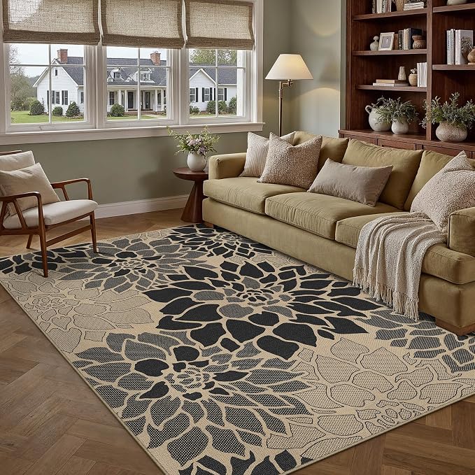 PureCozy 5x7 Easy Jute Outdoor Rug Black Floral Textured Indoor Outdoor Area Rug Farmhouse Patio Carpet for Backyard, Patio, Porch, Easy-Cleaning, High Traffic, Pet-Friendly, Non-Shedding