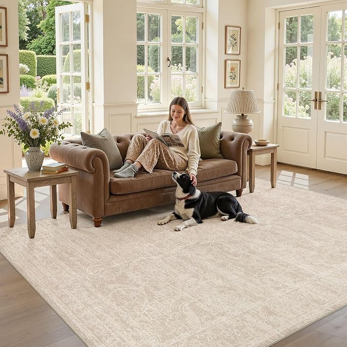 Nakagishi 6X9 Area Rugs Living Room:Washable Large Vintage Rug Neutral Non-Slip Soft Stain Resistant Indoor Carpet for Bedroom Nursery Dining Room Office Playroom