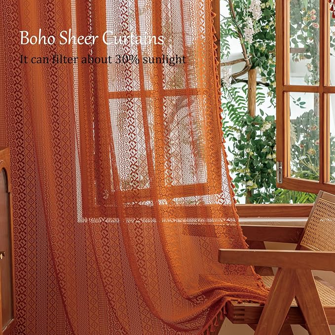 Sutuo Home Sheer Lace Boho Curtains 2 Panels for Living Room Home Office, Burnt Orange Window Curtains Farmhouse Privacy Vintage Chic Tassels Rustic Halloween Decor Rod Pocket, 50" x 102" Terracotta
