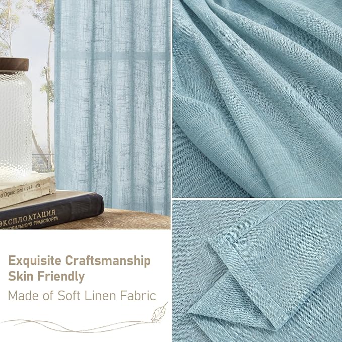LAMIT Sheer Linen Curtains 63 Inch for Bedroom, Light Filtering Country Decor Semi Sheer Farmhouse Boho Curtains Back Tab and Rod Pocket Living Room Panels, Stone Blue, 2 Panels, 52 x 63 Inch