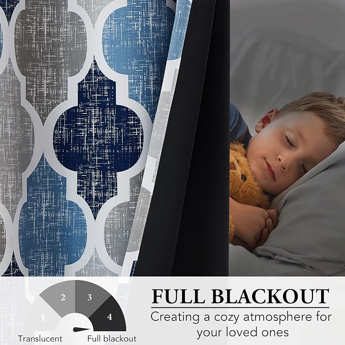 Beauoop Moroccan 100% Blackout Curtains Bedroom Blue Grey 50x63 2 Panels | Geometric Room Darkening Drapes for Living Room 63 Inch Long Thermal Insulated Soundproof Lattice Window Treatment Rod Pocket