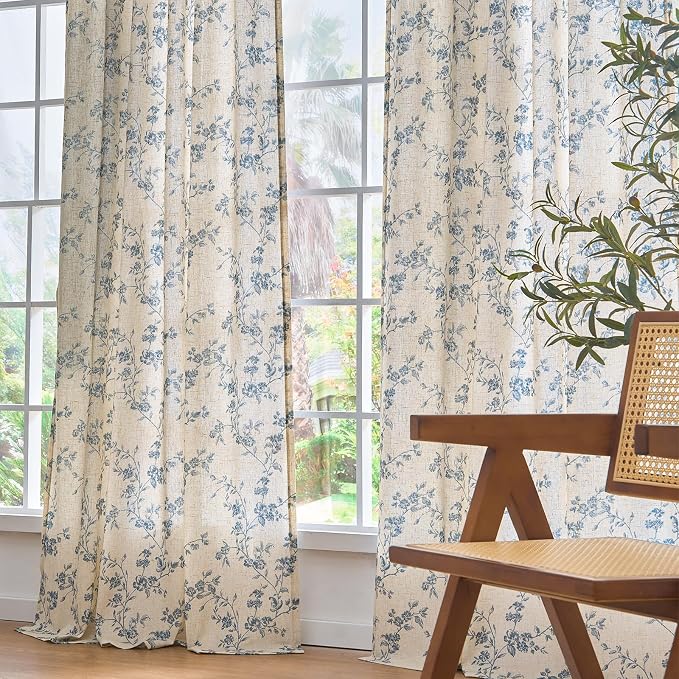 Lazzzy Blue Floral Linen Curtains 63 Inch Farmhouse Back Tab Drapes for Living Room Bedroom Light Filtering Vintage Grandmillennial Rod Pocket Curtains, 2 Panels, W38 x L63, Blue on Beige