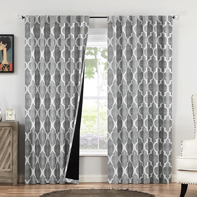 Beauoop Moroccan 100% Blackout Curtains Bedroom Grey 50x84 2 Panels | Geometric Room Darkening Drapes for Living Room 84 Inch Long Thermal Insulated Soundproof Lattice Window Treatment Rod Pocket