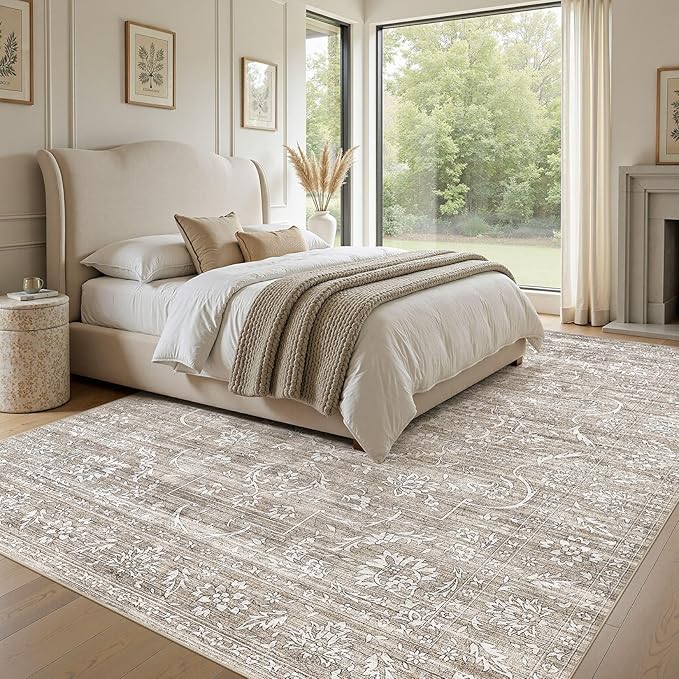 Nakagishi 6x9 Area Rugs Living Room: Washable Large Vintage Rug Neutral Non-Slip Soft Stain Resistant Indoor Carpet for Bedroom Nursery Dining Room Office Playroom - Light Brown