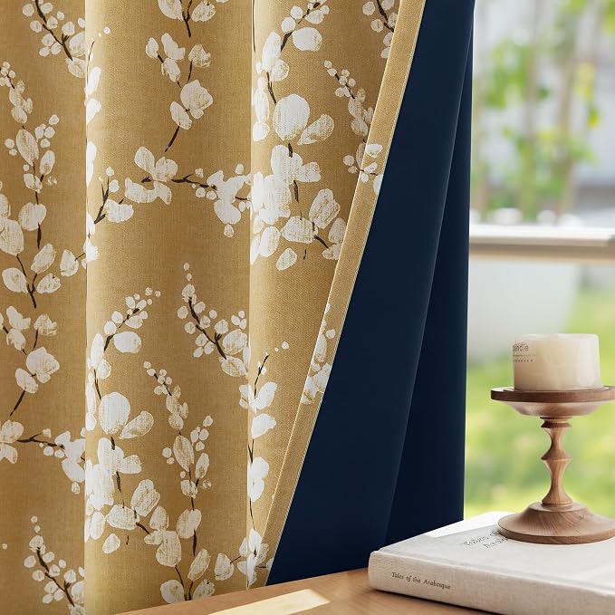 FMFUNCTEX 100% Blackout Yellow Floral Curtains 96 Inch Grommet 2 Panels | Black Out Drapes,Thermal Insulated Cottage Farmhouse, Blossom Patterned Extra Long Curtain for Bedroom, Living Room Darkening