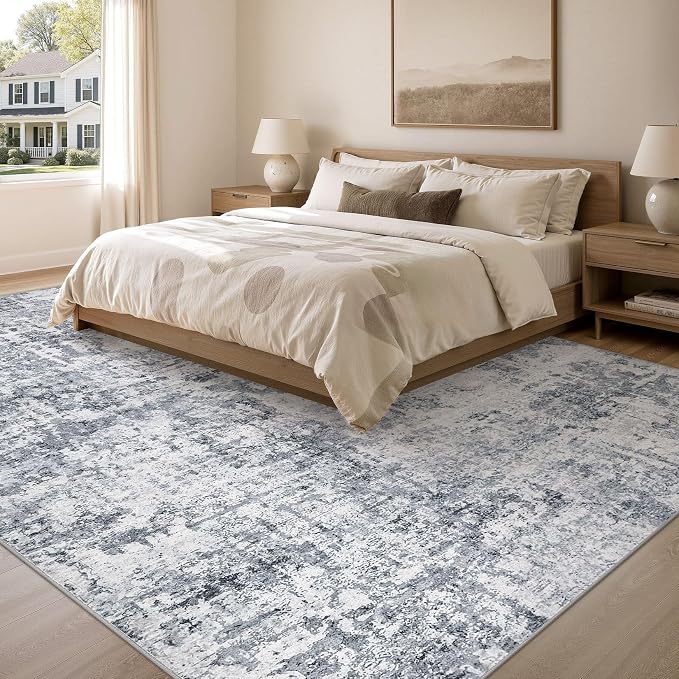 cotiled Washable Area Rug 6x9, Non-Slip Soft Neutral Rug for Living Room | Modern Abstract Carpet, Stain Resistant and Kid & Pet Friendly, Ideal For Bedroom, Dining Room, Nursery, Office - Blue/Gery