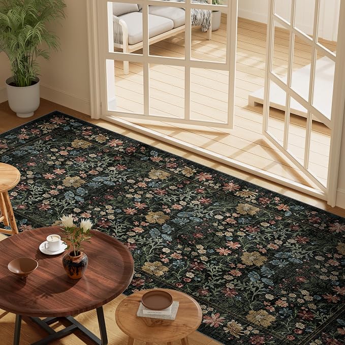 DUKINO 3x6 Kitchen Runner Rug, Washable Vintage Floral Area Rug, Black | Non Slip, Low Pile, Non-Shedding, Aesthetic Soft Indoor Carpet for Hallway Bedroom Entryway Laundry Room Bathroom Farmhouse