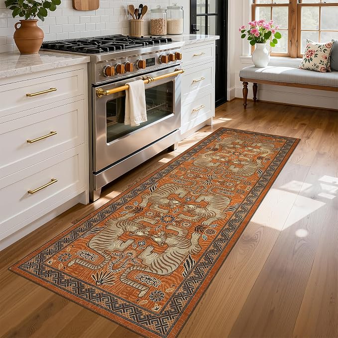 GarveeHome Tiger Print 2'x6' Washable Non Slip Runner Rugs for Hallways, Boho Terracotta Kitchen Runner Ultra Thin Soft Vintage Tribal Indoor Throw Floor Carpet for Entryway Bedroom Bathroom