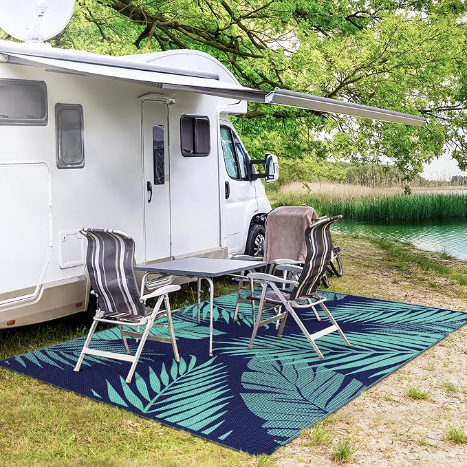 GENIMO Outdoor Rug, Waterproof Plastic Rugs for Patio, 9'x12' Blue Green | Outside Larger Leaf Carpet Mat for Porch Decor, Deck, Balcony, Camping, RV, Backyard, Picnic, Beach, Reversible, Foldable