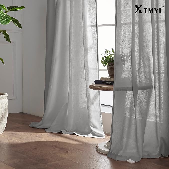 XTMYI Grey 63 Inch Length 2 Panels Back Tab/Hook Belt Linen Cotton Sheer Curtains for Bedroom,50 Inch Wide