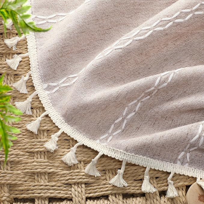 Light Brown Boho Blackout Curtains 2 Panels 84 Inch for Living Room Bedroom, Linen Texture Farmhouse Curtains with Tassels and White Cotton Embroidery Vintage Rustic Country Western