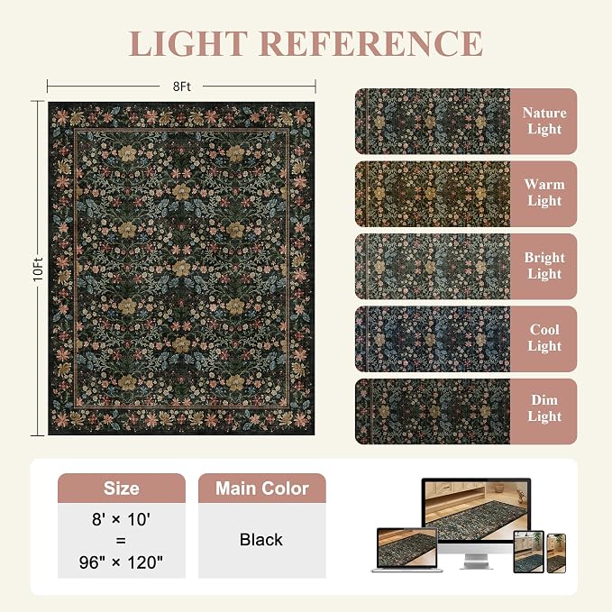 DUKINO 8x10 Area Rugs, Vintage Floral Washable Rug for Living Room, Black | Non Slip, Low Pile, Non-Shedding, Stain Resistant, Aesthetic Soft Indoor Large Carpet for Bedroom, Dining Room, Farmhouse