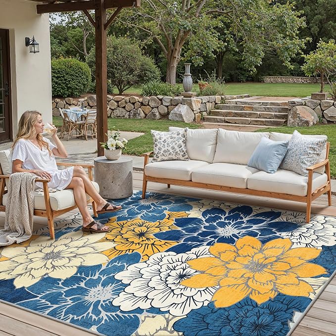 GENIMO 8x10 Outdoor Rug, Washable for Patio and Deck, Blue Yellow | Floral design for backyard; fade resistant chenille with quick-dry non-slip backing for indoor living rooms