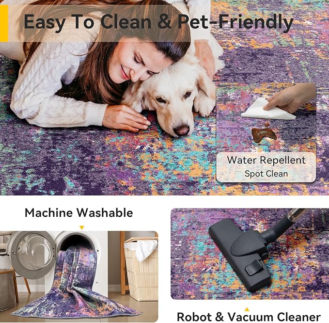 RELEANY Washable Area Rugs 2'x3' Non-Slip Modern Abstract Soft for Living Room Entryway Bedroom Kitchen, Print Pattern, Purple Orange Blue Green Rust Red Colorful