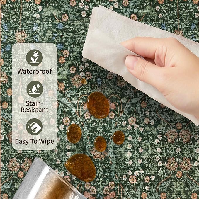 Rugxara Green Floral 4x6 Area Rug Washable Rug for Living Room Bedroom | Non Slip, Throw Rug for Entryway Dining Room Office Kids Room, Stain Resistant, Soft, Low Pile, Vintage Boho Carpet