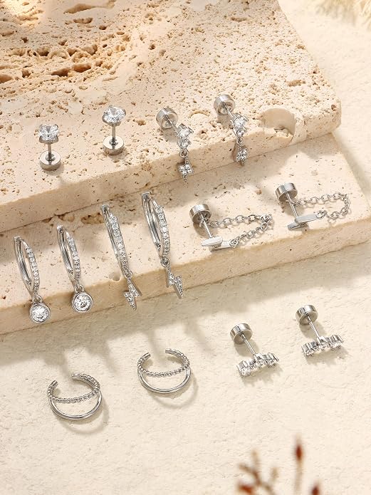 Dochais Flat Back Cartilage Earrings for Women Trendy Dainty CZ Flatback Studs Earing Sets 14k Gold Plated Hypoallergenic Huggie Hoops Earring Stacks for Multiple Piercing