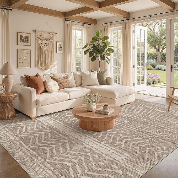 Nakagishi Area Rug Living Room Rugs: 11x14 Large Soft Machine Washable Boho Moroccan FarmNeutral Stain Resistant Indoor Floor Carpet for Bedroom Under Dining Table Home Office Decor-Dark Brown