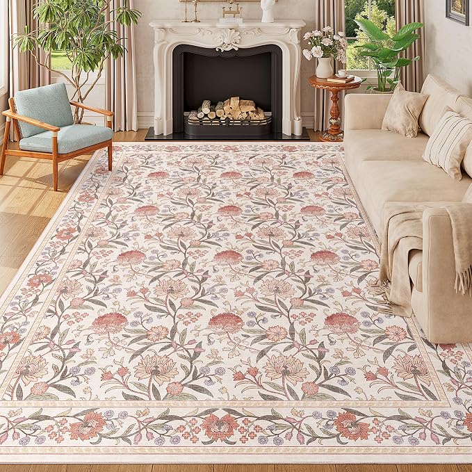 DUKINO 9x12 Area Rug for Living Room Vintage Floral Washable Rug Beige Pink | Non Slip, Low Pile, Non-Shedding, Stain Resistant, Aesthetic Soft Indoor Large Carpet for Bedroom Dining Room Farmhouse
