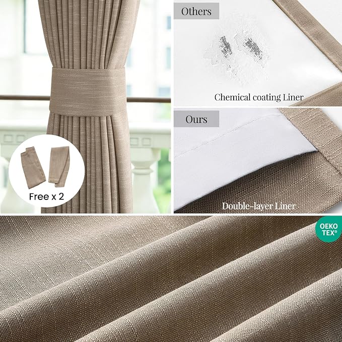 Topfinel 86 Inch Linen Blackout Curtains for Bedroom Burlywood Full Black Out Curtains Two Layer Drapes for Nursery Cooling Down Energy Efficient Burlywood 2 Panels Set 52" W*86" L