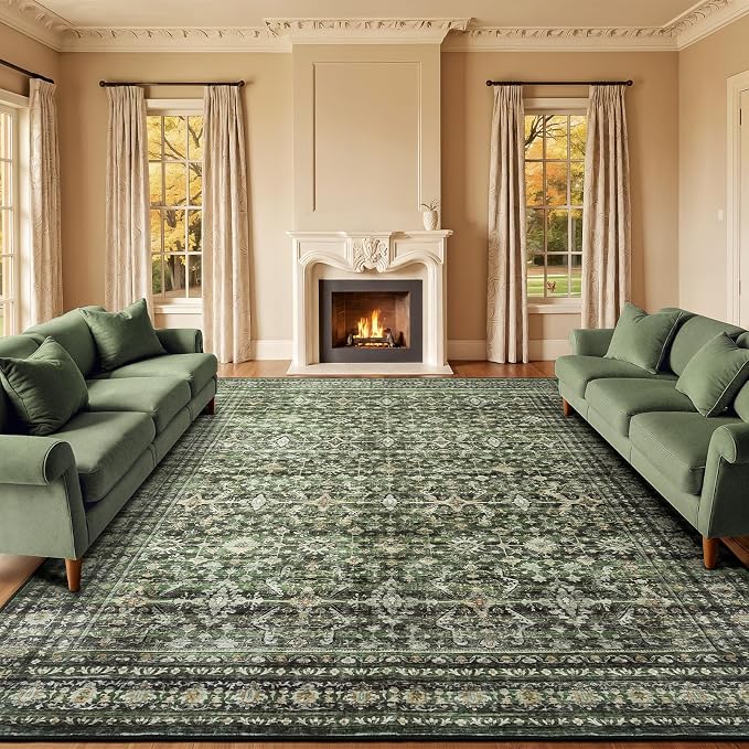Lofus 10X 12 Area Rug for Living Room,Green Washable Area Rugs with Non-Slip Backing,Soft Boho Carpets for Bedroom Dining Room Home Office Indoor Nursery