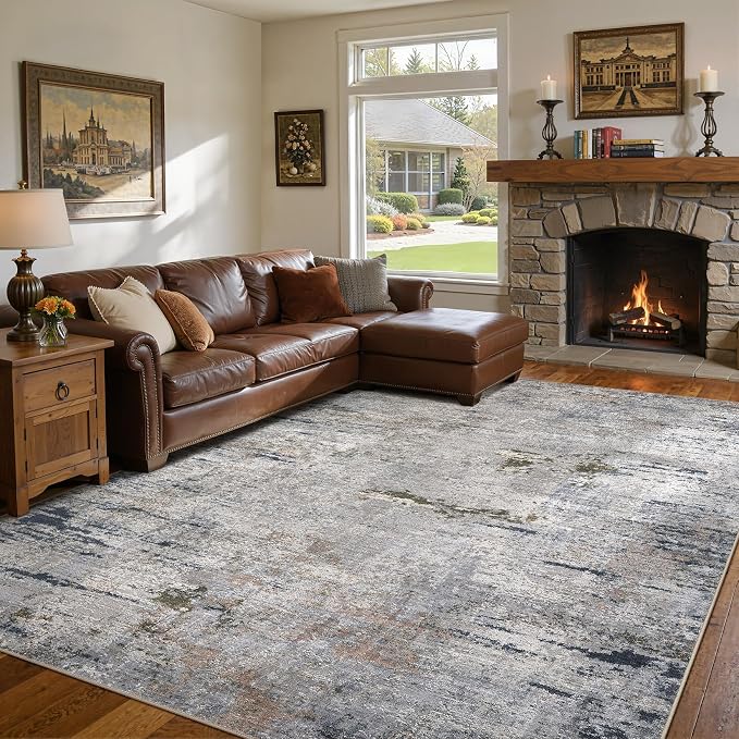 DMOYEST Area Rug Living Room Rugs - 10x12 Washable Large Soft Indoor Neutral Modern Abstract Low Pile Rug Carpet for Bedroom Dining Room Farmhouse Home Office - Blue/Grey/Brown