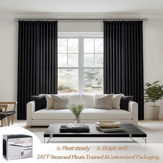 PleatedDrapes Light Filtering Black Linen 90 Inch Curtains for Sliding Glass Doors, Pinch Pleat Semi Sheer Nursery/Kids Room Curtain Decorative Privacy Back Tab Ceiling Track Window Drapes 7-1/2 FT