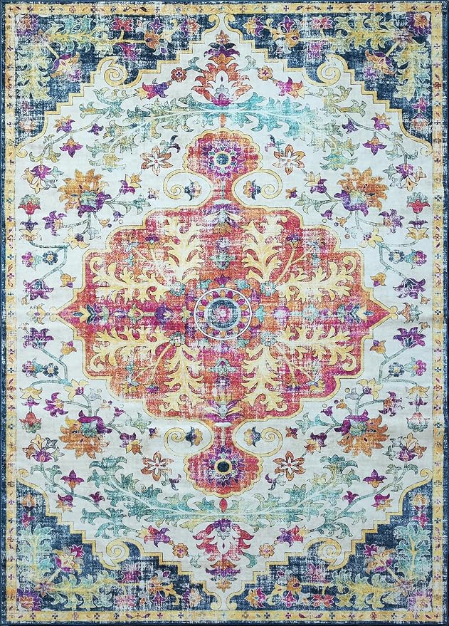 Mandala - Indoor Area Rugs 4x6 Washable, Stain Resistant Machine Washable Rugs for Living Room, Bedroom, and Modern House Décor - Durable Polyester Material, Colorful Patterned - Blue